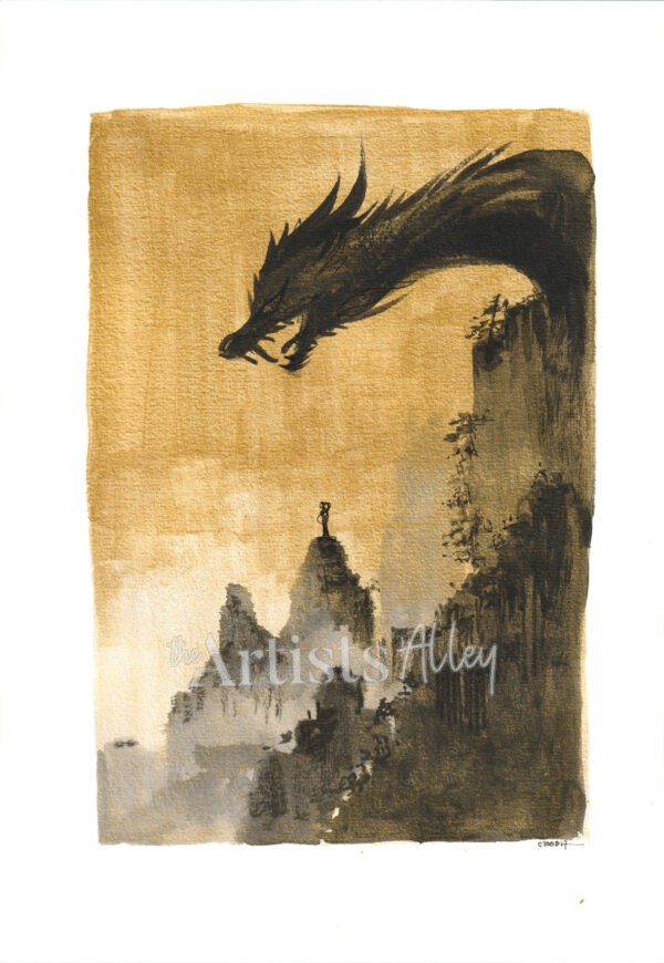 peinture encre de chine estampe original sur papier d'art dragon des montagnes sacrées