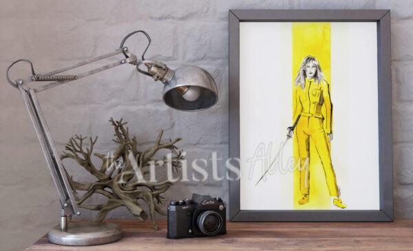 La Mariée et le Jaune, Aquarelle inspirée de Kill Bill aquarelle oeuvre papier d’art format Tribute - 9524