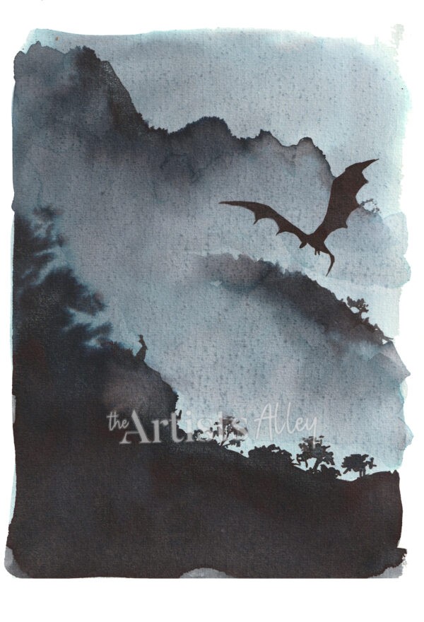 Peinture à l'encre noire de style estampe asiatique représentant un dragon et une silhouette féminine dans un paysage de montagne.