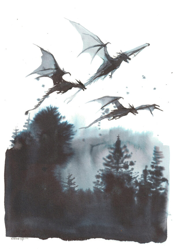 Peinture à l'aquarelle à l'encre noire représentant trois dragons en vol menaçant au-dessus d'une forêt sinistre.