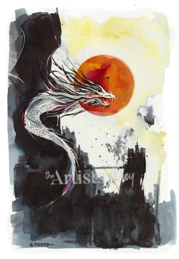 Peinture à l'aquarelle au format A4 représentant un dragon en colère dans un style asiatique affrontant une montagne noire sous un ciel orange.