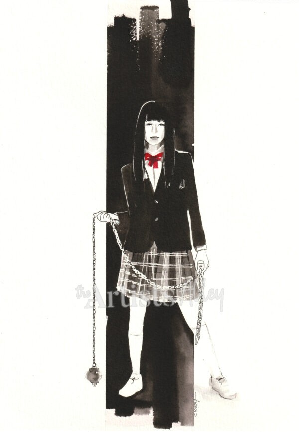 Dessin à l'encre de Chine en noir et blanc de Gogo Yubari, personnage du film Kill Bill de Quentin Tarantino, en tenue d'écolière, agenouillée et tenant son arme.