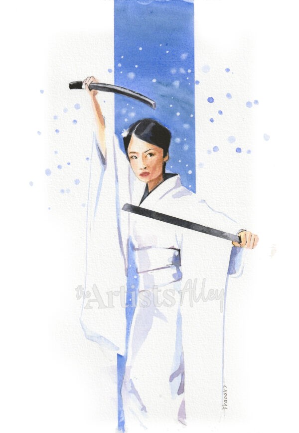 Aquarelle originale et graphique représentant Lucy Liu dans le rôle d'O-Ren Ishii (Kill Bill), en kimono et sabres sur une bande bleue enneigée.